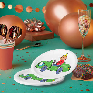 Cute Kid Driving Green Car Childrens Illustration Paper Plates