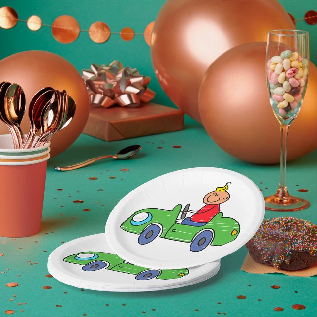 Cute Kid Driving Green Car Childrens Illustration Paper Plates (Creator Uploaded)