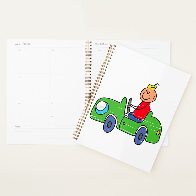 Cute Kid Driving Green Car Childrens Illustration Planner (Creator Uploaded)