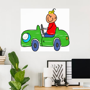 Cute Kid Driving Green Car Childrens Illustration Poster