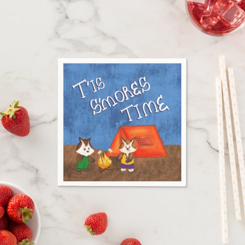 Cute Kid Foxes Camping Making Smores Paper Napkin