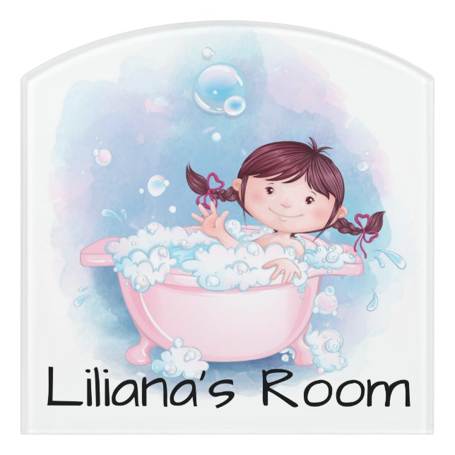 Cute Kid in bathtub with bubbles Door Sign (Contour Front)