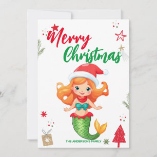 Cute kid Mermaid Christmas Holiday Family name Card
