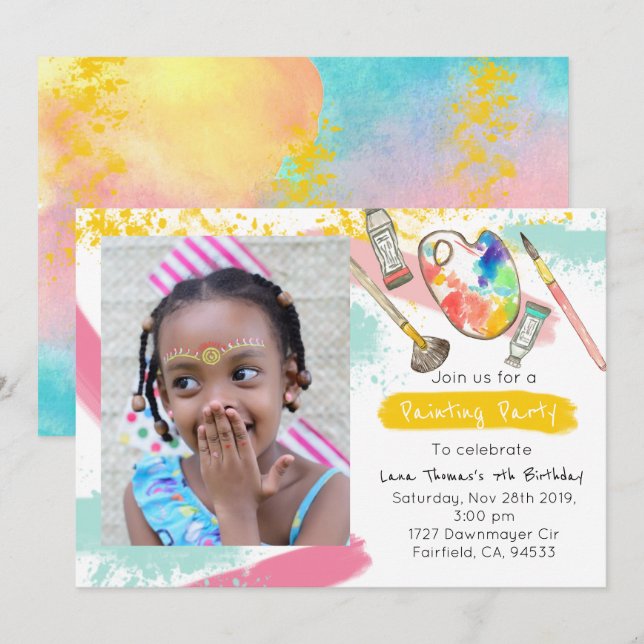 Cute kid paint party art birthday photo invite (Front/Back)
