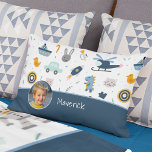 Cute Kid Pattern Photo and Name Boy Blue Accent Pillow<br><div class="desc">Add a custom touch to the bedroom or nursery of your little boy with this adorable kid accent throw pillow. Pillow has a pattern of a train, car, rocket ship, pirate, boat, helicopter, robot, cat, bunny, duck, dinosaur, and more. Add a photo and first name on the bottom blue area...</div>