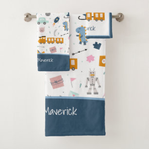 Cute Kid Pattern Photo and Name Boy Blue Bathroom Bath Towel Set