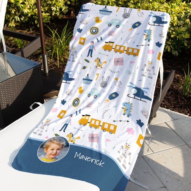 Cute Kid Pattern Photo and Name Boy Blue Beach Towel (Creator Uploaded)