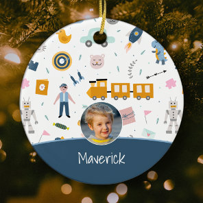 Cute Kid Pattern Photo and Name Boy Blue Christmas Ceramic Ornament