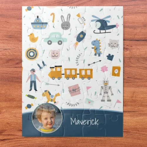 Cute Kid Pattern Photo and Name Boy Blue Jigsaw Puzzle