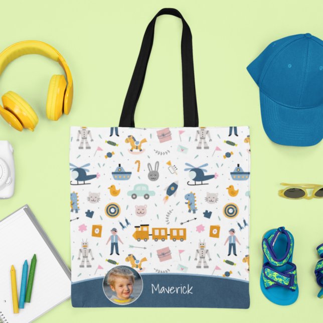 Cute Kid Pattern Photo and Name Boy Blue Shopping Tote Bag (Creator Uploaded)