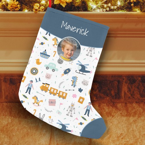 Cute Kid Pattern Photo and Name Boy Blue Small Christmas Stocking