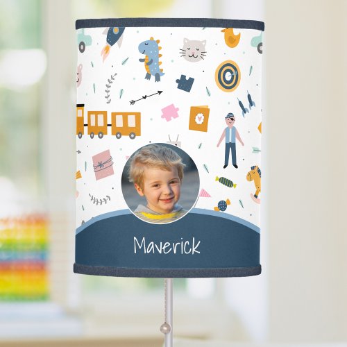 Cute Kid Pattern Photo and Name Boy Blue Table Lamp