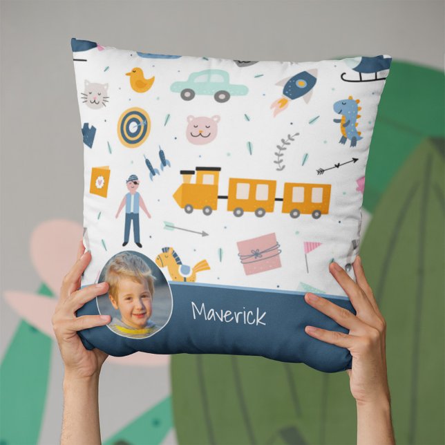 Cute Kid Pattern Photo and Name Boy Blue Throw Pillow (Creator Uploaded)