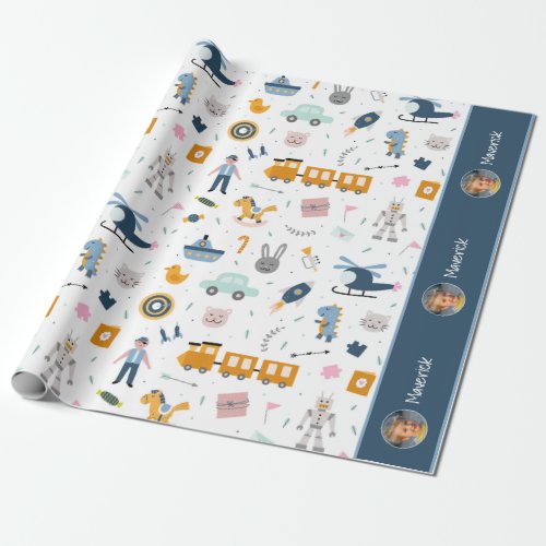 Cute Kid Pattern Photo and Name Boy Blue Wrapping Paper