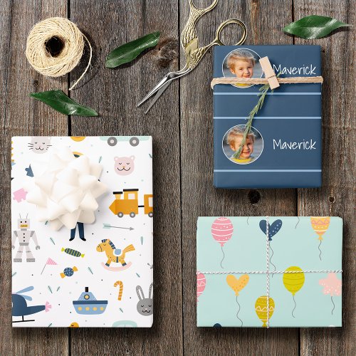 Cute Kid Pattern Photo and Name Boy Blue Wrapping Paper Sheets