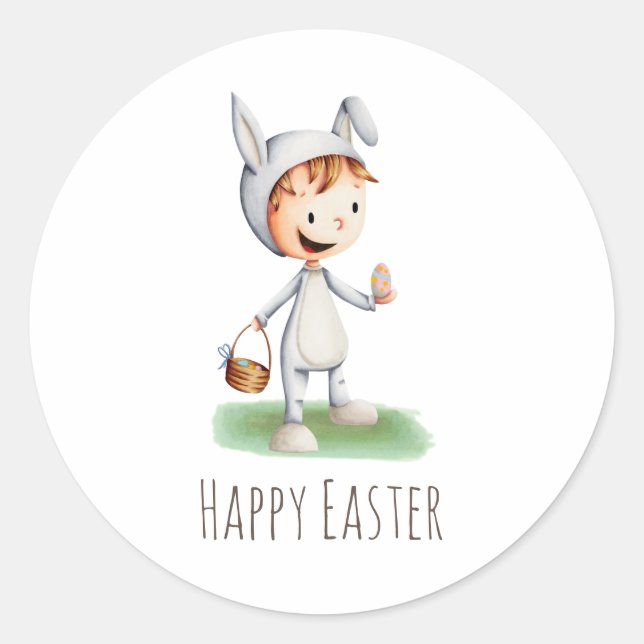 Cute Kid Rabbit Happy Easter Party Classic Round Sticker (Front)