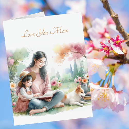 Cute Kid Reading with Mom Mothers Day Watercolor Card