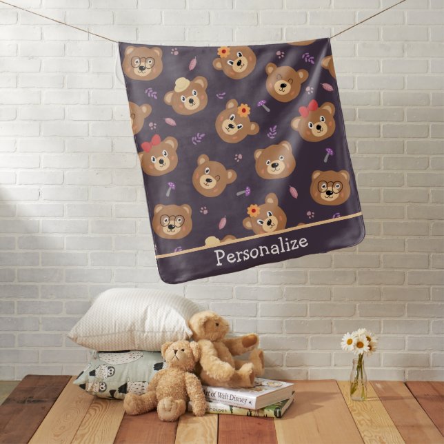 Cute Kid Teddy Bear Cartoon Brown Bear Personalize Baby Blanket (In Situ)