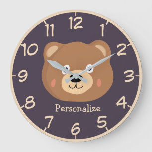 Cute Kid Teddy Bear Cartoon Brown Bear Personalize Large Clock