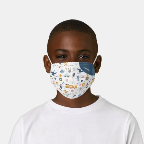 Cute Kid Train and Car Pattern Name Boy Blue Kids Cloth Face Mask