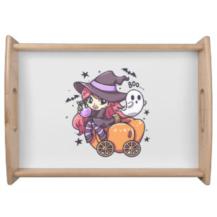 Cute Kid Witch Sitting on a Pumpkin Car Serving Tray