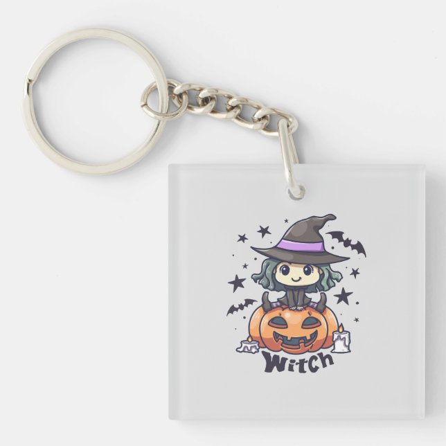 Cute Kid Witch Sitting on a Pumpkin – "Witch" Keychain (Front)