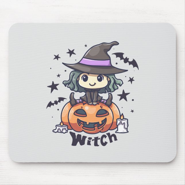 Cute Kid Witch Sitting on a Pumpkin – "Witch" Mouse Pad (Front)