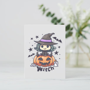 Cute Kid Witch Sitting on a Pumpkin – "Witch" Postcard