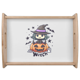 Cute Kid Witch Sitting on a Pumpkin – "Witch" Serving Tray