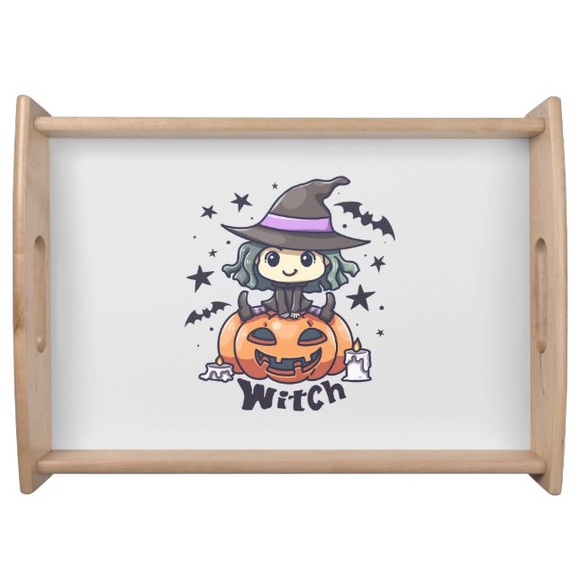 Cute Kid Witch Sitting on a Pumpkin – "Witch" Serving Tray (Front)