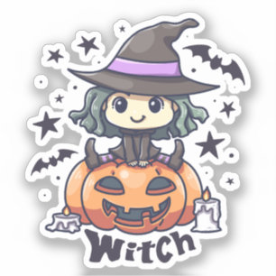 Cute Kid Witch Sitting on a Pumpkin – "Witch" Sticker