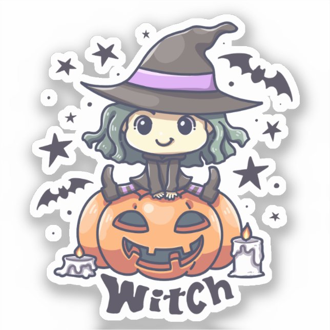 Cute Kid Witch Sitting on a Pumpkin – "Witch" Sticker (Front)