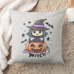 Cute Kid Witch Sitting on a Pumpkin – "Witch" Throw Pillow
