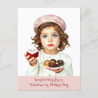 Cute kid with heart-shaped velvet cake chocolates postcard