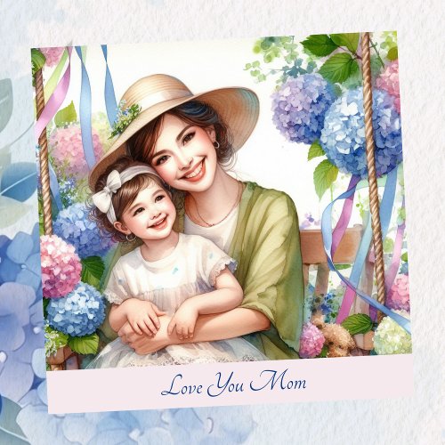 Cute Kid with Mom in Swing Hydrangea Mothers Day Holiday Card