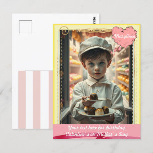 Cute kid with various handmade sweets custom postcard