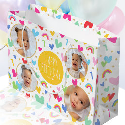 Cute Kids 1st Birthday Rainbow Photo Hearts Yellow Large Gift Bag