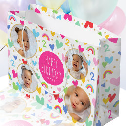 Cute Kids 2nd Birthday Rainbow Photo Hearts Pink Large Gift Bag
