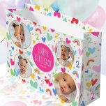 Cute Kids 2nd Birthday Rainbow Photo Hearts Pink Large Gift Bag<br><div class="desc">Celebrate the magic of turning two with this cute personalized gift bag! A fun and colorful design featuring four of your favorite photos and lots of rainbows, hearts and stars. The phrase "Happy Birthday" and the recipient's name are in the middle, and the all-important birthday age is repeated throughout the...</div>