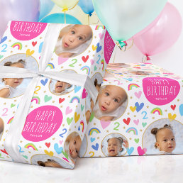 Cute Kids 2nd Birthday Rainbow Photo Hearts Pink Wrapping Paper