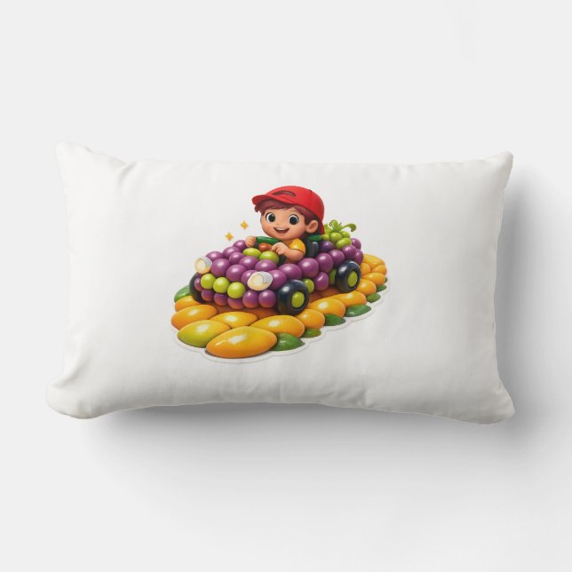 “Cute Kids 3D Sticker – Boy Driving Grape Car, Man Lumbar Pillow (Front)