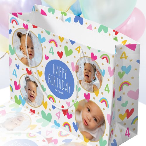 Cute Kids 4th Birthday Rainbow Photo Hearts Blue Large Gift Bag