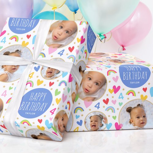 Cute Kids 4th Birthday Rainbow Photo Hearts Blue Wrapping Paper