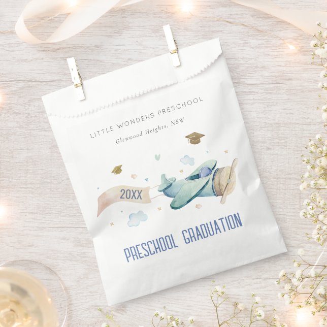 Cute Kids Airplane Sky Stars Preschool Graduation Favor Bag (Clipped)