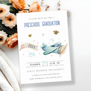 Cute Kids Airplane Sky Stars Preschool Graduation  Invitation