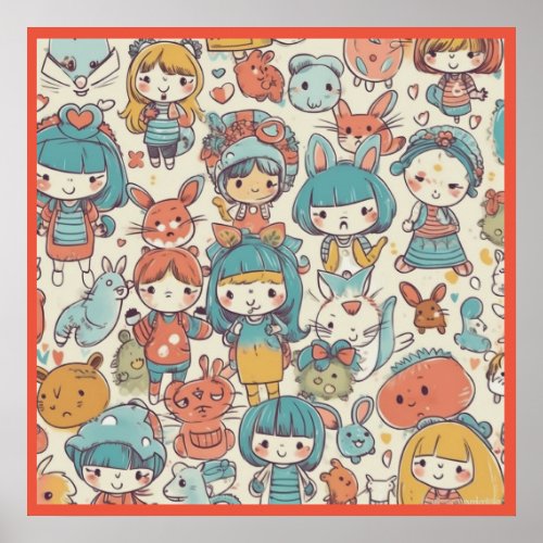 Cute Kids and Animals Poster