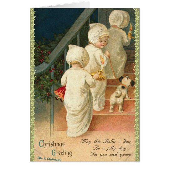 Cute kids and puppy Vintage Christmas Card | Zazzle
