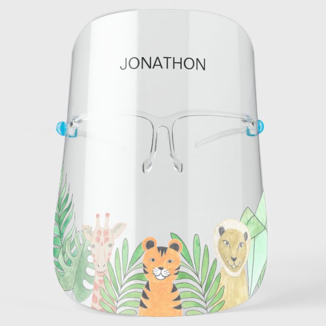 Cute Kid's Animals Children's Theme Pastel Name Face Shield (Front)