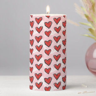 Cute Kid's Art Style Red Hearts on Pink Watercolor Pillar Candle