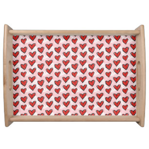 Cute Kid's Art Style Red Hearts on Pink Watercolor Serving Tray